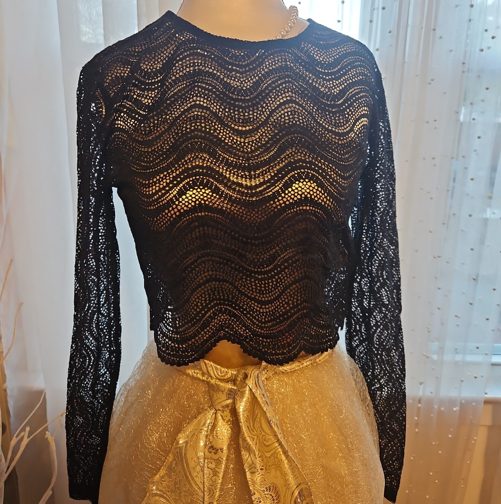 Zara Black Sheer Crochet Wave Knit Long Sleeve Top